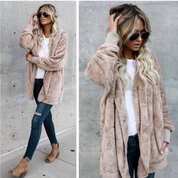 Tan Super Soft Cozy Pocket Hood Sherpa Lightweight Fleece Teddy Cardigan Coat - Picture 7 of 11